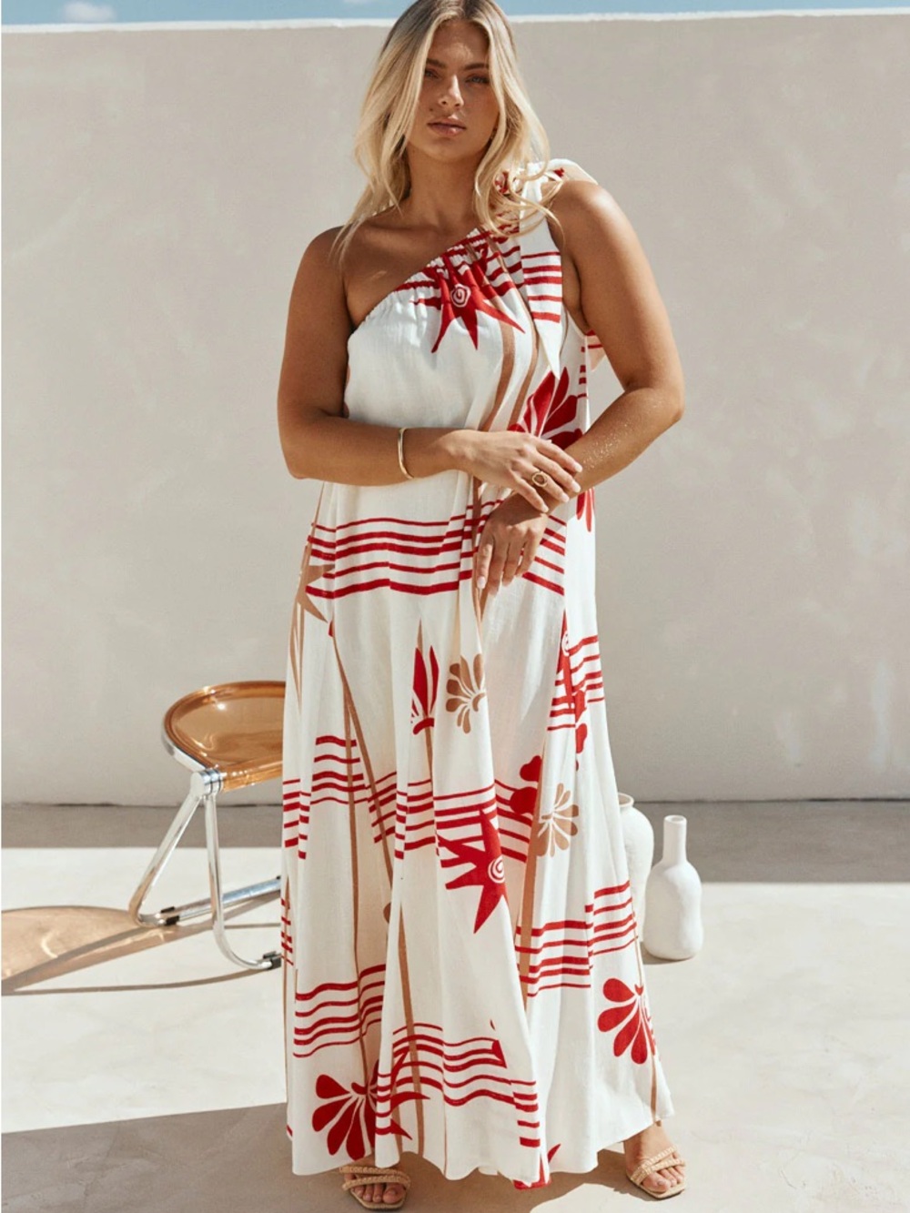 Sabo Skirt One-Shoulder Floral Stripe Avani Maxi Dress - Red & Cream Moana L - Picture 6 of 12